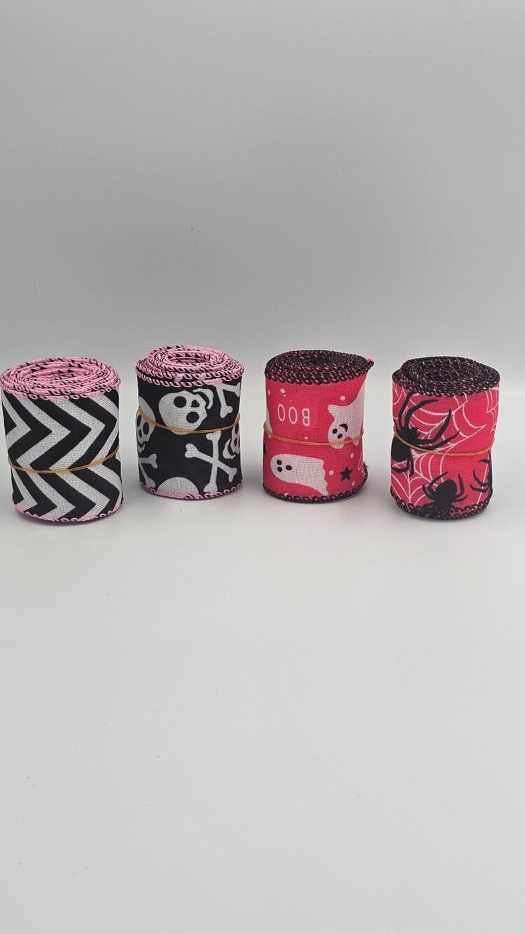 Halloween 2.5" Wired Ribbon Grosgrain, Pink, White, Black, 4 Rolls, 3 Yds Each